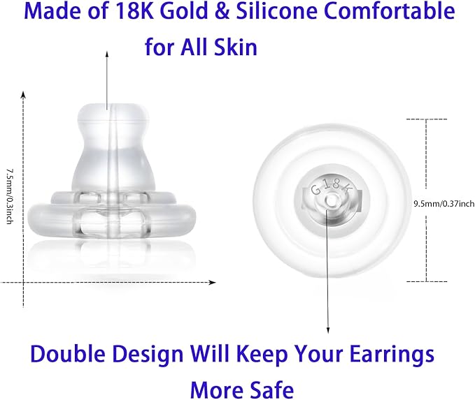 Earring Backs,18K Gold Silicone Earring Backs Replacements,Locking Secure Earring Backs for Studs/Droopy Ears,No-Irritate Hypoallergenice Soft Clear Earring Backs for Adults