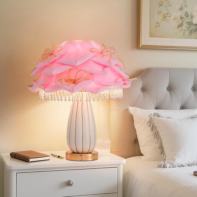 Pink Flower Lamp Romantic Bouquet Bedside Lamp Cute Nightstand Light Nordic Bow Table Lamp for Bedroom Living Room Entry Office Study Room Kid Room Valentines Dating Wedding Chirstmas Deco