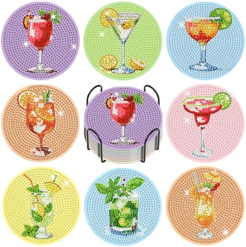Diamond Art Coasters Kit for Adults, 8PCS Cocktail Coasters with Holder by GEEHEIY