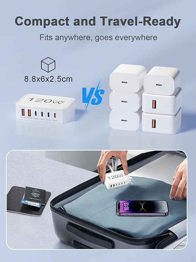 120W USB C Charger Block, 6 Port USB Charging Station for Multiple Devices, 5FT Desktop Multi Charging Hub Compatible with iPhone Samsung ipad, for Travel Home Office
