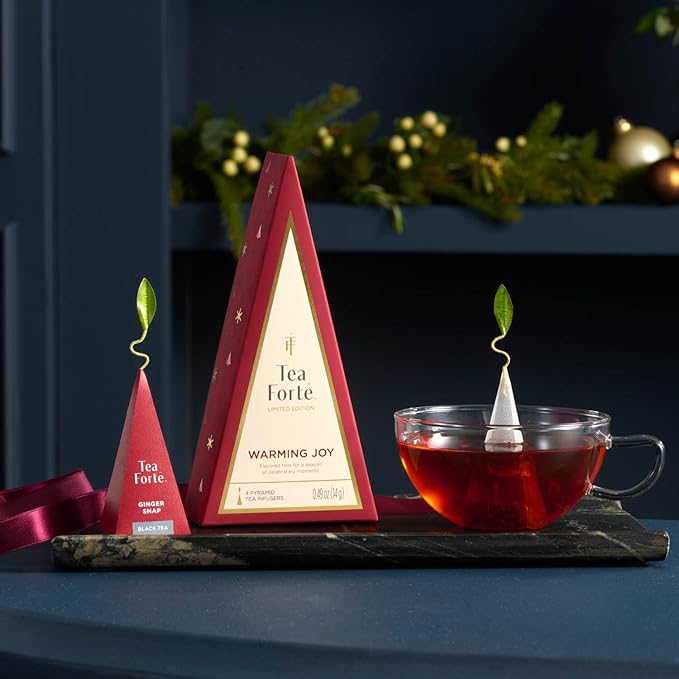 Tea Forte Warming Joy Holiday Premium Assorted Petite Tea Tree Gift Set Sampler of 4 Individually Wrapped Handcrafted Pyramid Infuser Tea Bags, 1 of each Blend