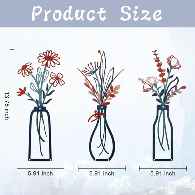 Bochino 3 PCS Metal Flowers Wall Arts, Rustic Farmhouse Decor Minimalist Flower Wall Decors for Living Room Bathroom Bedroom Dining Room Kitchen, Perfect Housewarming Gifts (M-Red Navy Blue)