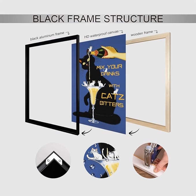 Black Cat Canvas Wall Art, Classic Mix Your Drinks with Catz Bitters Poster, Trendy Liquor Beverage Picture Kitchen Bar Cart Wall Decor, Funky Pub Man Cave Alcohol Themed Print 16x24in Framed