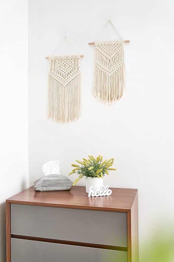 Dahey Small Macrame Wall Hanging 2 Pcs Woven Tapestry Wall Art Decor - Beautiful for Boho Home Dorm College Classroom Decor, Apartment, Nursery, Party Decorations, 16.5" L x 10" W and 17.5"x 10"W