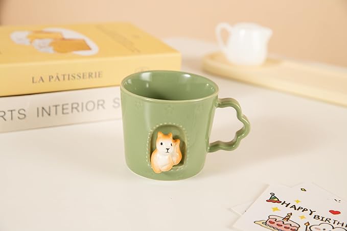 DIHOclub Squirrel Ceramic Cup Window Animals Mug Cute Cartoon Handmade Figurine Mugs,Holiday and Birthday Gift for Daughter,Son,Kids,9 OZ (Green)