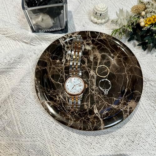 Natural Marble Tray, Dark Brown Round Marble Vanity Tray, Luxury Decorative Jewelry Dish, Non-Slip Countertop Storage Tray for Bathroom Dresser Entryway Coffee Table Home Decor - Image 6