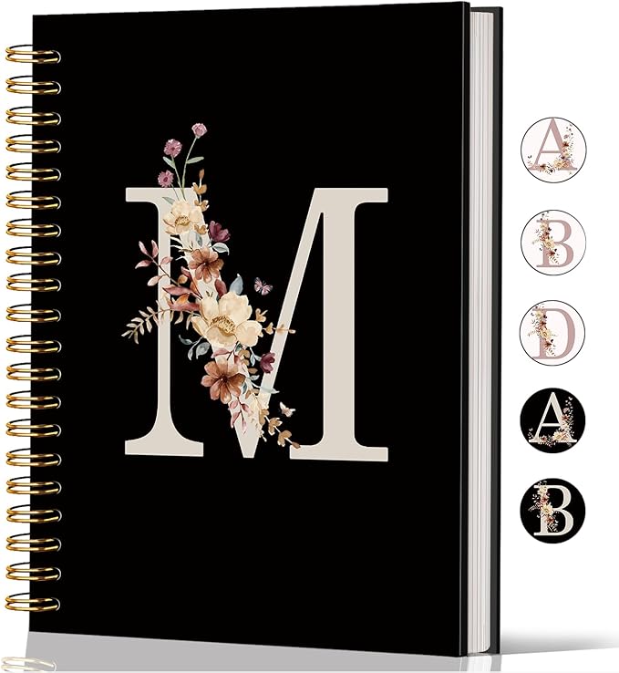 Lacama Cute Initial Letter M School Notebook Journal, Aesthetic Wildflower Personalized Black Spiral Notebook, School Supplies, Customized Monogrammed Gifts, Birthday Gifts for Women, Office Supplies