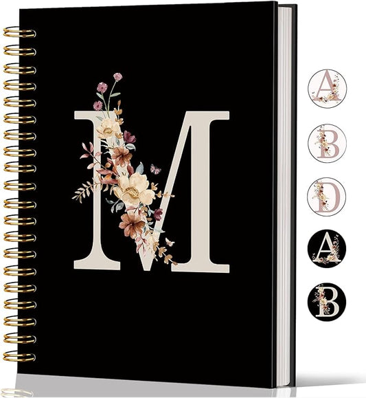 Lacama Cute Initial Letter M School Notebook Journal, Aesthetic Wildflower Personalized Black Spiral Notebook, School Supplies, Customized Monogrammed Gifts, Birthday Gifts for Women, Office Supplies