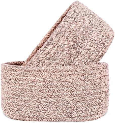 ABenkle 【2 Pack】 Small Woven Baskets, Tiny Oval Shallow Storage Baskets, Mini Cotton Rope Empty Decorative Basket, Boho Little Organizer Bins for Bathroom, Cat Dog Toy Gifts Basket, Mixed Brown by ABenkle
