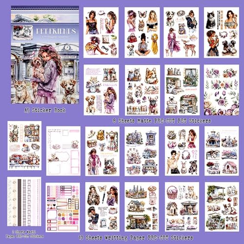 Pet Friends Journal Sticker Book for Adults Journaling, Scrapbook PET Washi Stickers for Scrapbooking, Junk Journal Supplies, Collage, Bujo, A5, 20 Sheets - Image 2