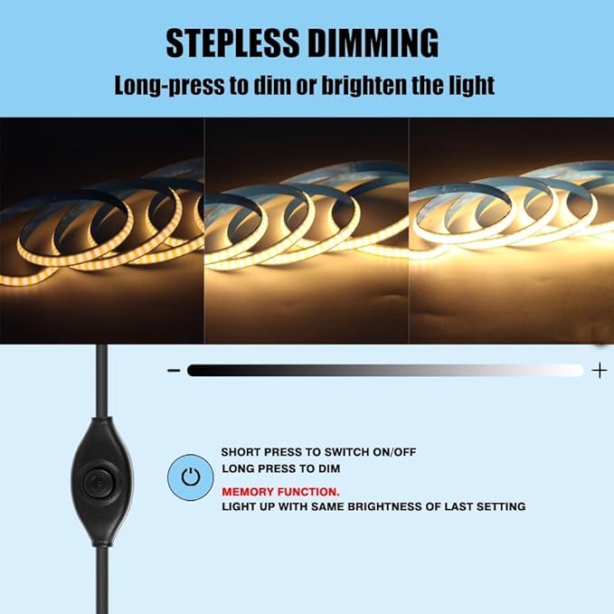 USB Type-C Powered 1M/3.28Ft 5V COB LED Strip Light with Dimmer of Memory Function,Pure White 6000K,640LEDs,Flexible Tape Light for TV Monitor Backlight,Mirror,Cabinet,Wardrobe,Cupboard DIY Lighting