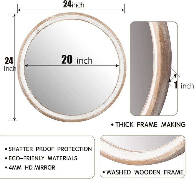 24 Inches Round Wooden Farmhouse Wall Mirror, Decorative Circle Mirrors for Bathroom, Entryway, Living Room, Bedroom - Housewarming Gift