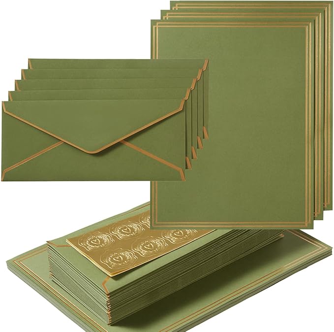 50 Pack Stationery Set with Gold Border, #10 Business Envelopes and 8.5x11 Paper Sheets and Stickers for Writing Letters (Olive Green, 8.5x11 Inches)