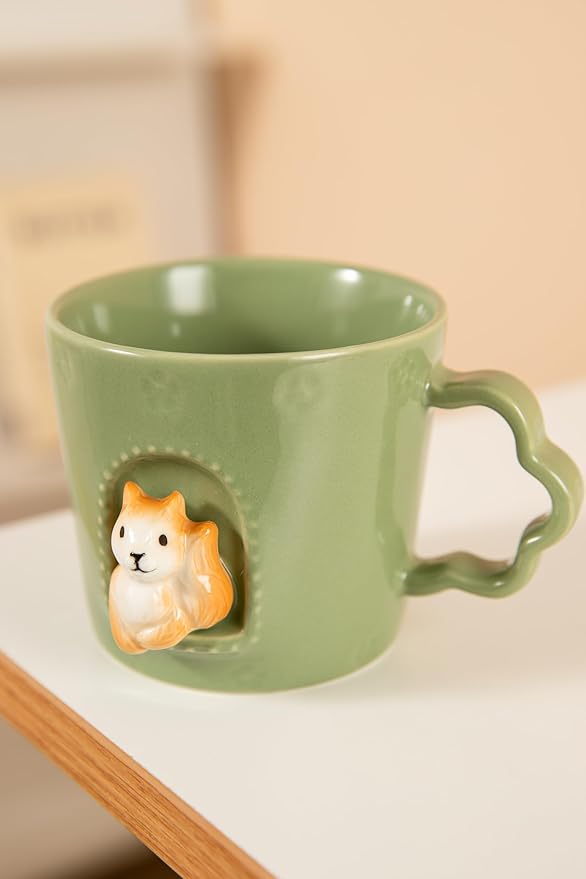 DIHOclub Squirrel Ceramic Cup Window Animals Mug Cute Cartoon Handmade Figurine Mugs,Holiday and Birthday Gift for Daughter,Son,Kids,9 OZ (Green)