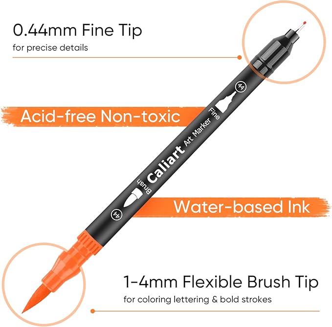 Caliart 72 Colors Double Tip Brush Pens Art Markers, Artist Fine & Brush Pen Coloring Markers for Adult Book Cards Drawing Craft Kit Teacher Office Supplies, Christmas Gifts for Teen Girls Boys