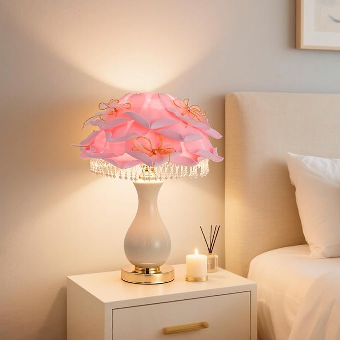 Pink Flower Lamp Nordic Rose Flower Table Lamp Modern Ceramic Nightstand Light Romantic Princess Bedside Lamp for Girl Wedding Valentines Christmas Gift Deco Bedroom Living Room Entry