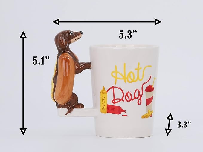 Ceramic Mug for Home & Office, Creative Porcelain 3D Animal Cup with Handle for Coffee, Tea, Juice, Milk & Water, 13.5 oz. Hotdog Dachshund Mug Gift, 5.1" H