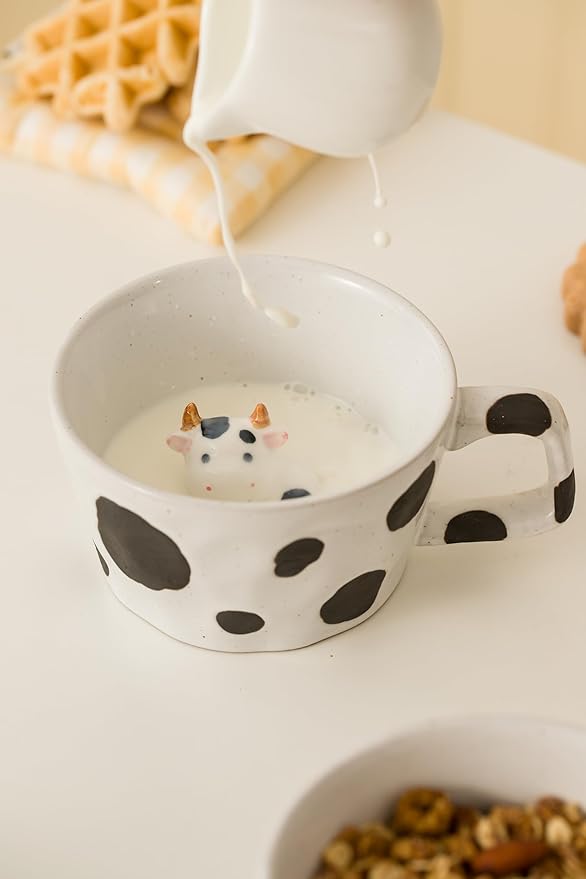 DIHOclub Farmhouse Ceramic Coffee Mug with Animal Figurine – Rustic Stoneware Cup, Matte Finish, Ideal for Breakfast & Home Decor (Black White Cow)