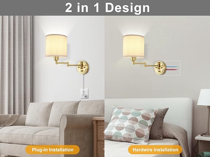 Plug in Wall Sconces with Remote Control, Dimming 10%-100% & Adjustable Colors 2700K-6500K, Hardwire or Plug-in, Swing Arm Wall Lamp with White Fabric Shade, Wall Sconces Set of Two, Gold Finish