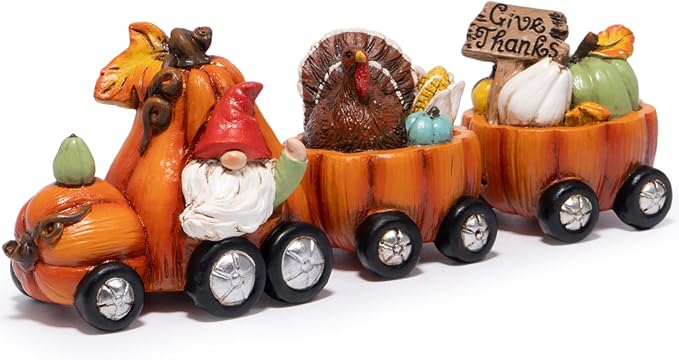 Hodao Thanksgiving Decor Indoor, Fall Resin Pumpkin Train Figurine with Gnome & Turkey, Cute Autumn Harvest Tabletop Decoration for Home, Perfect Fall Gift for Family Friends