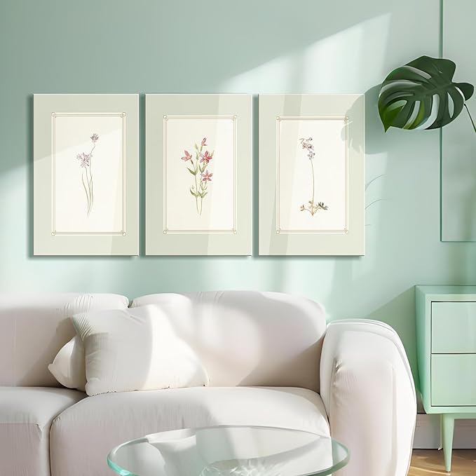 3pcs Framed Simple Vintage Floral Botanical Flower Wall Art Decor Canvas Print Natural Plant Artwork Wall Painting Poster Gallery Bedroom Living Room Office Decor 12x16 Inch Ready to Hang