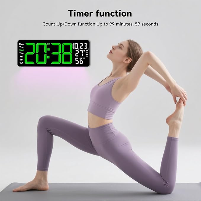 Digital Wall Clock Large Display, 17.3" Digital Clock with RGB Color Remote Control, Auto-Dimming Big Wall Clock with Night Light,Auto DST,Date Week,Temp for Home Decoration, for Elderly (Green)