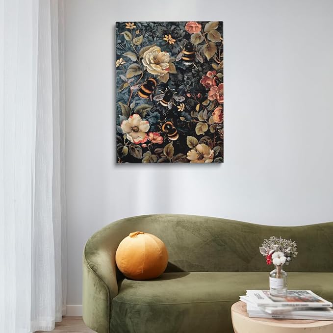 William Morris Wall Art Print or Canvas,Dark Academia Decor,Vintage Botanical Flower Wall Decor Bee Canvas Print Bee Animal Poster Vintage Farmhouse art 8x12in Frame wall art