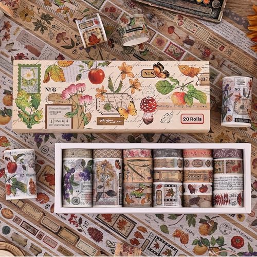 20 Rolls Vintage Washi Tape Set, Floral Letter Butterfly Mushroom Botanical Flower Writable Decorative Tapes for Scrapbooking , Junk Journal Supplies, Bullet Journaling 10-60mm Wide 6.56ft long/Roll - Image 5