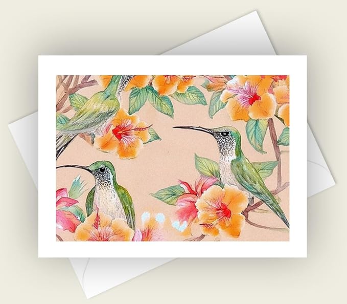 Watercolor Hummingbird Greeting Cards, 5x7 Blank Note Cards with Envelopes, Set of 10, Floral All Occasion Cards