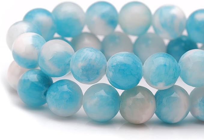 Youngbling Natural Gemstone Beads for Jewelry Making,6mm Blue White Jade Polished Round Smooth Stone Beads,Genuine Real Stone for Bracelet Necklace 15 Inch