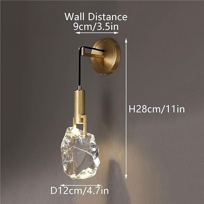 Modern Brass Wall Sconce Natural Irregular Crystal LED Wall Light Minimalist Luxury Gold Finish Wall Lamps for Bedroom Living Room Hallway Entryway Accent Lighting
