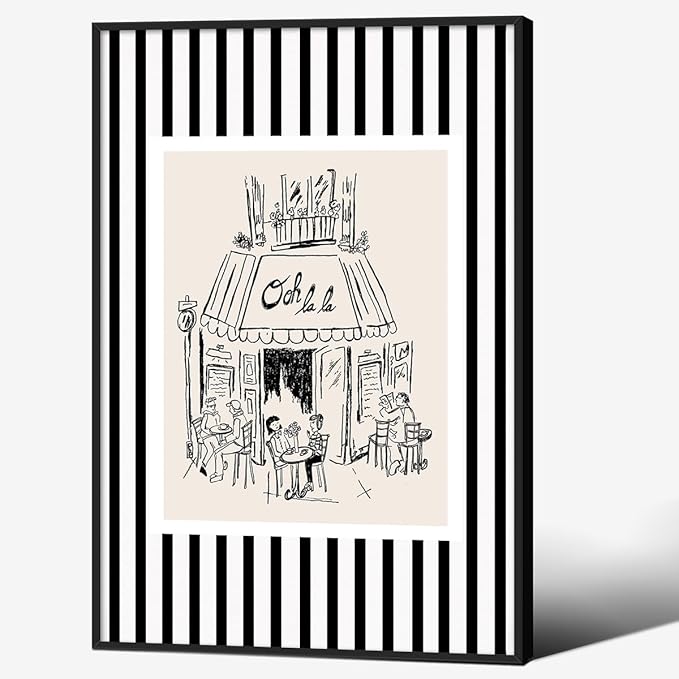 Black and White Stripe Sketch Wall Art French Paris Cafe Aesthetic Poster Funky Minimalist Canvas Prints 24X36 inch Black Framed for Kitchen Coffee Bedroom Wall Decor