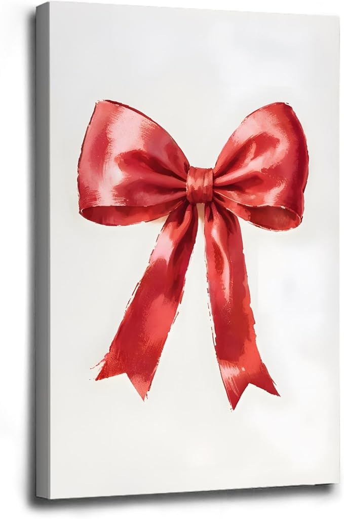 Framed Canvas Wall Art Vintage Red Christmas Bow Wall Art Winter Home Decor Red Bow Print Holiday Christmas Decor 16x24in Wood Framed
