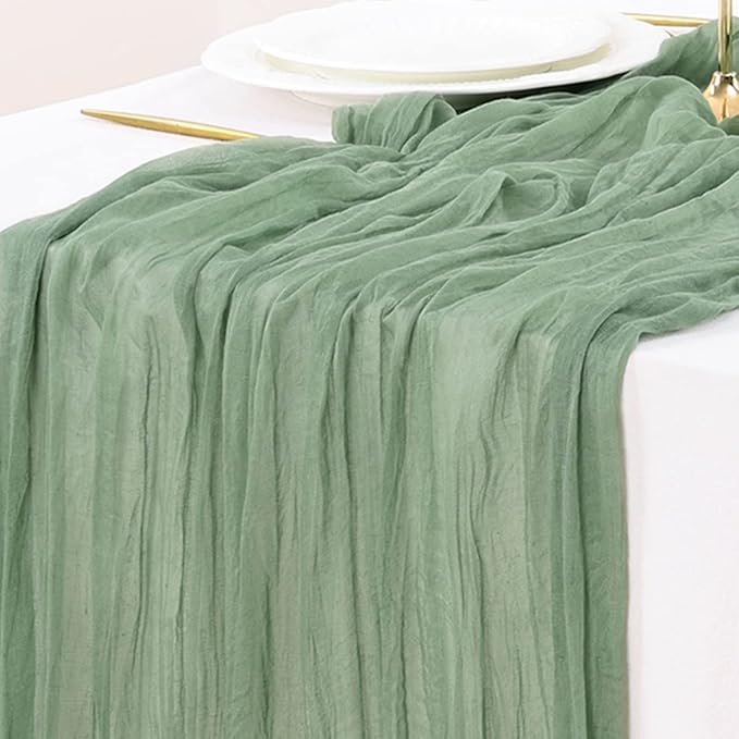 Socomi 3pcs Sage Green Cheesecloth Table Runner Valentine's Day Boho Rustic Gauze 120 inch 10FT Cheese Cloth Runner for Wedding Party Baby Shower Home Decor Holiday Decorations