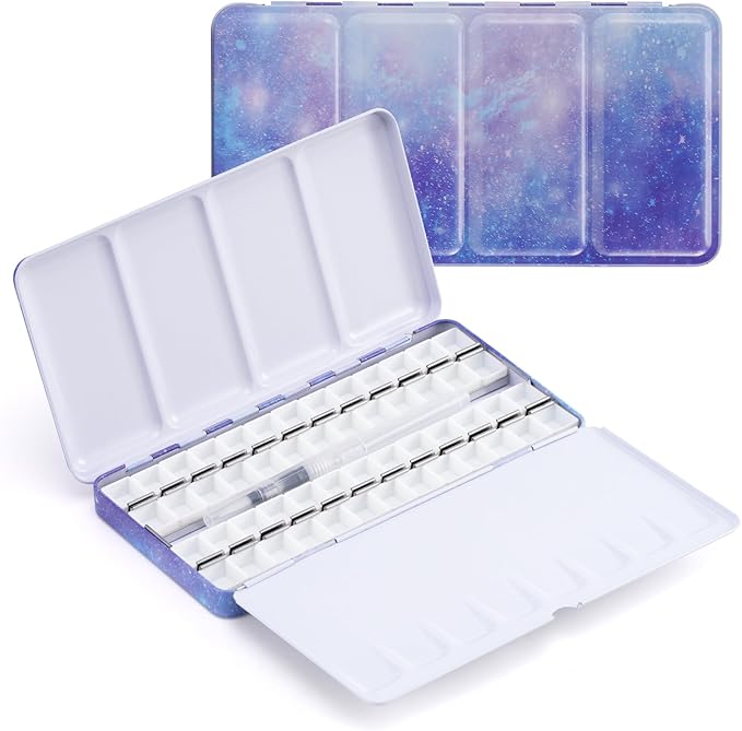 PEVART Empty Watercolor Paint Palette case,Metal Water Color Tin Box with 52 Half Pans and Fold-out Mixing Painting Tray-Portable Travel Watercolor Palette, Plain Air painting