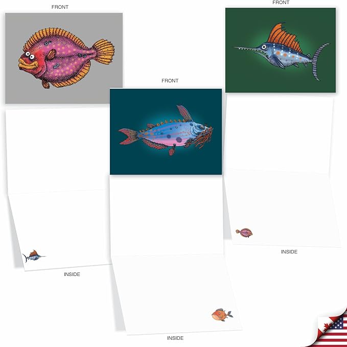 The Best Card Company - 10 All Occasion Blank Cards for Men and Women (4 x 5.12 Inch) - Nautical, Ocean, Sea Life Assortment of Notecards - Fishtoons M6491OCB