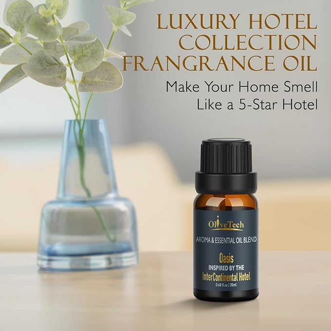Hotel Diffuser Oil 20ml – Inspired by Intercontinental Hotel Oasis Scent, OliveTech Aromatherapy Fragrance Oil for Cold Air & Ultrasonic Diffusers, Glass Bottle (0.68 fl oz)