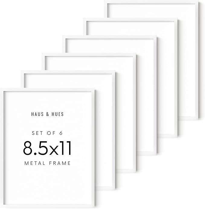 HAUS AND HUES 8.5x11 White Aluminum Frame Set of 6 - Certificate & Diploma Display, Shatterproof Plexiglass (8.5x11 in, White)
