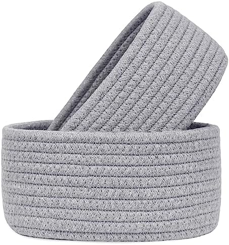 【2 Pack】ABenkle Small Woven Baskets, Tiny Oval Shallow Storage Baskets, Mini Cotton Rope Empty Decorative Basket, Boho Little Organizer Bins for Bathroom, Cat Dog Toy Gifts Baskets by ABenkle