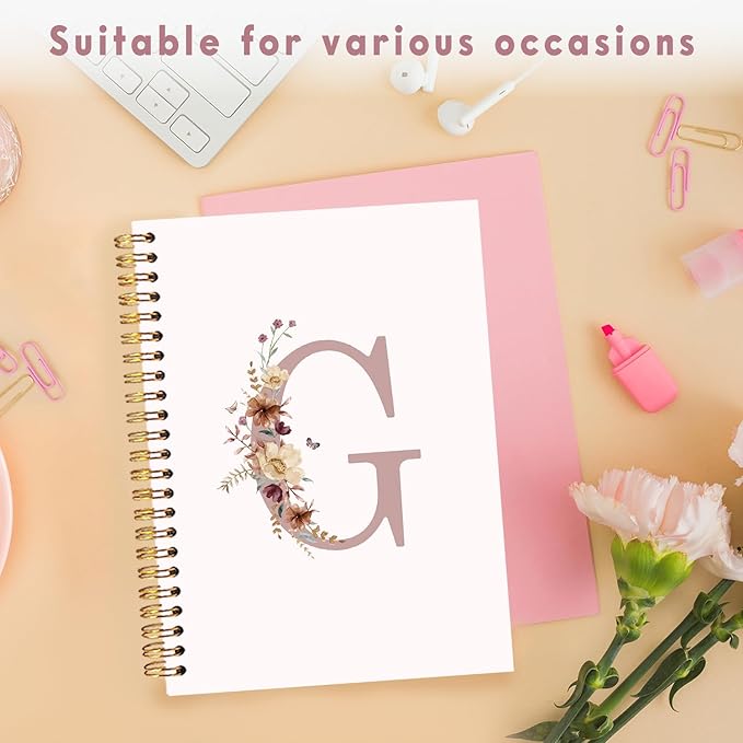 Lacama Pink monogram G notebook Journal, Aesthetic Wildflower Personalized Spiral Notebook, Customized Monogrammed Gifts, Birthday Gifts for Women, School Supplies, Office Supplies 5.5x8.3