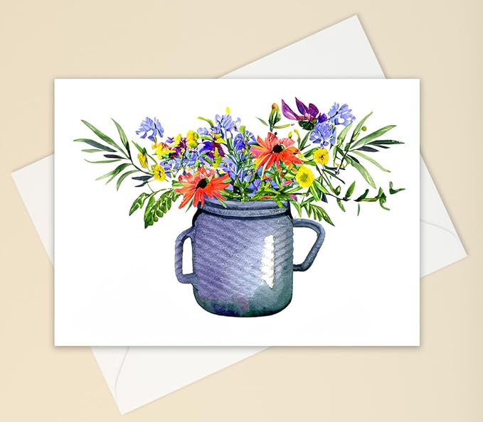 Wildflower Bouquet Greeting Cards, Set of 10 all occasion 5x7 note cards with Evelopes Blank Inside. Colorful Flowers in Vase Designs.