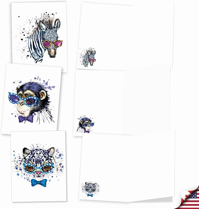 The Best Card Company - 20 Bulk Animal Note Cards Blank (4 x 5.12 Inch) - Fun Assorted Notecards with Envelopes (10 Designs, 2 Each) - Funky Colorful Creatures AM6749OCB-B2x10