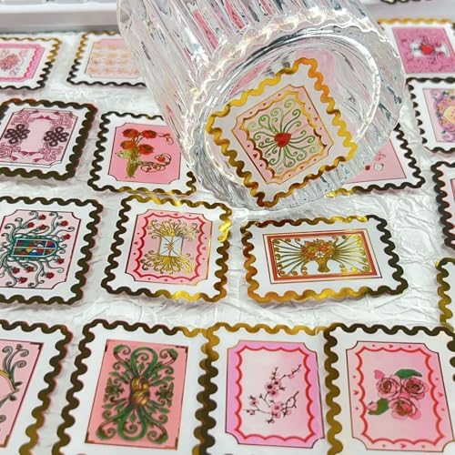 50 PCS Cartoon love stamps Stickers Aesthetic PET Stickers Gold Stamp Decal Waterproof Decorative Decals for Scrapbook DIY Crafts Album Bullet Journal Planner Water Bottles Laptop Phone (Gold stamp-B) - Image 6