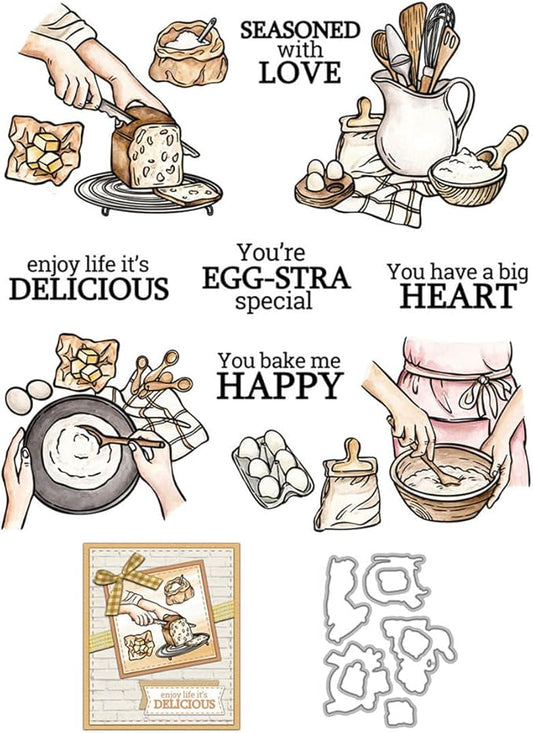 Enjoy Life Bread Stamps and Cutting Dies for Card Making DIY Transparent Silicone Clear Stamp and Metal Die Cuts Sets for Scrapbooking Paper Greeting Cards Decor Seals Craft Supplies