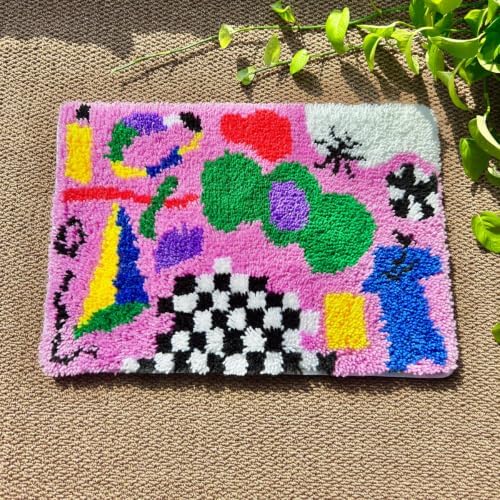 MeoobkCraft Latch Hook Kits for Adults Beginners, Pre-Printed Abstract Graffiti Latch Hook Rug Kit, Aesthetic Checkered Colorful Art DIY Rug Craft Kit for Home Decor 20.47 x 14.96 in - Image 2