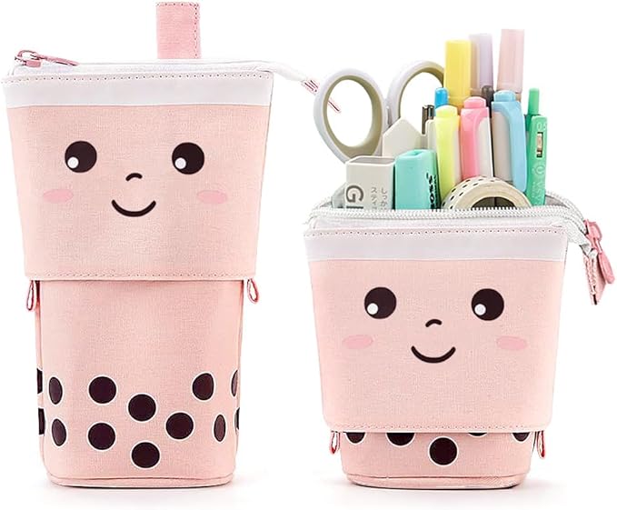 Cute Standing Pencil Case Pen Holder for Kids, Pop Up Stand UP Bubble Tea Pen Organizer Kawaii Stationary for Christmas Holiday New Year Office (Pink)