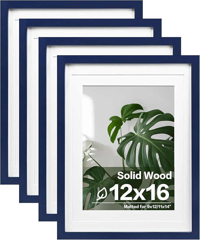 Egofine 12x16 Picture Frames 4PCS Covered by Plexiglass, Made of Solid Wood, Display Pictures 9x12/11x14 with Mat or 12x16 Without Mat for Wall Mounting, Navy Blue