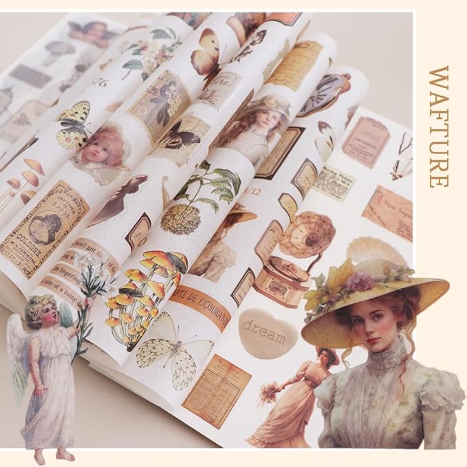 Vintage Stickers for Scrapbooking, Junk Journal - 24 Sheets Washi Sticker, Victorian Journal Stickers Book for Women, Self-Adhesive Scrapbook & Junk Journal Supplies (Brown)