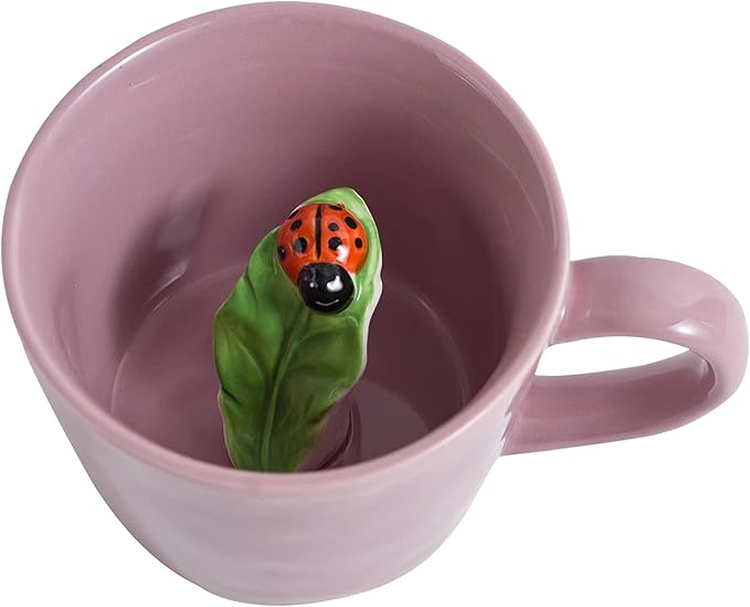 DIHOclub Ceramic Ladybug Cup Hidden 3D Animal Inside Mug，Garden series Handmade Figurine Mugs 12OZ(Pink purple)