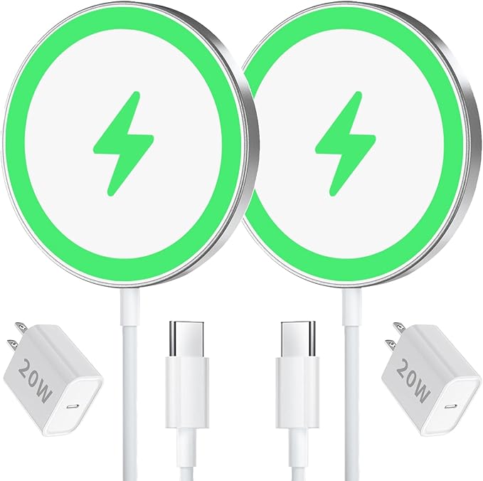 2 Pack Magnetic Wireless Charger Fast Charging Pad with 20W USB C Wall Charger Block, for iPhone 17 16 15 14 13 12 Air Pro Max Plus Mini/AirPods 2 3 Pro, 15W Slim Portable Magnet Quick Charger-Silver